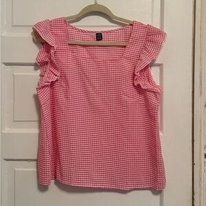 SHEIN Pink Gingham Ruffle Sleeve Top